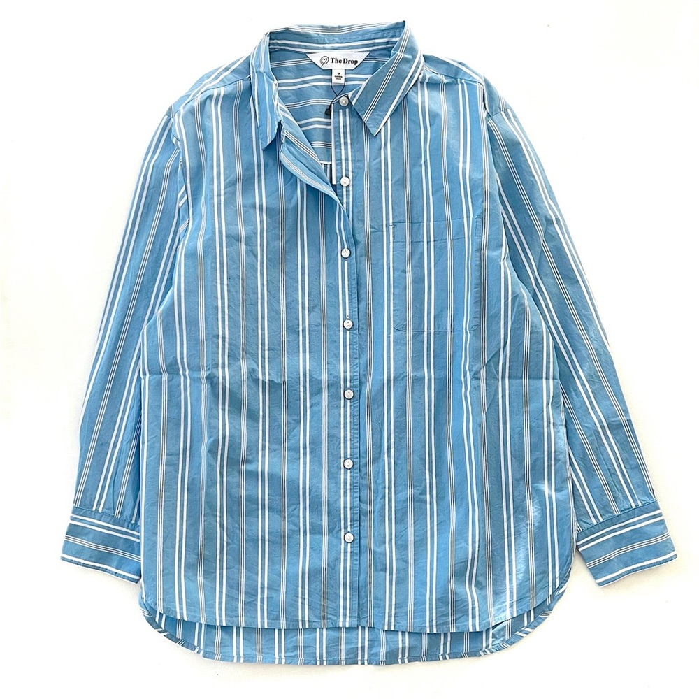 The Drop Kendra Loose Fit Long Shirt in Blue/White Double Stripe Size Medium NWT